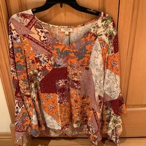 Andrée BY UNIT, NWT, Mustard Multi Patchwork Blouse, Size Large